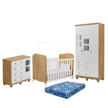Imagem de Dormitório Uli Guarda Roupa 3 Portas, Cômoda e Berço com Colchão Baby 