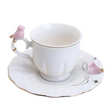 Imagem de Xícara de Café Porcelana Rosa e Branca Birds Pássaro com Pires 100ml W