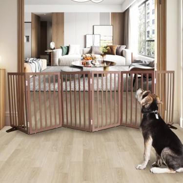 Imagem de SFJC Portão interno para cães, cerca independente para casa, portas, corredores ou escadas, portão para animais de estimação dobrável de madeira, expansível 81 cm de altura, 6 painéis, marrom