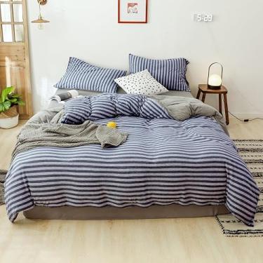 Imagem de AMWAN Conjunto de edredom de malha jersey 100% algodão com listras azuis e cinza, tamanho casal, reversível, 1 edredom com 2 fronhas para adultos e adolescentes