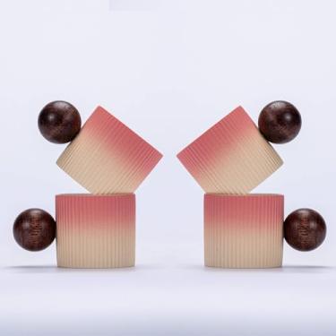 Imagem de CLASGLAZ Mini xícaras de café expresso de cerâmica com alça redonda de madeira e listras verticais (bege e rosa, 4 peças)