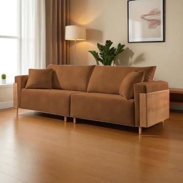 Imagem de Sofá Fixo Heitor 3 Lugares Luxo Pé de Madeira 1,80m Castellar Móbile Sintético Caramelo