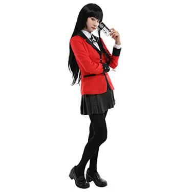 Imagem de Cosplay.fm Fantasia feminina anime cosplay uniforme escolar saia Houndstooth com cartão de identificação (P, vermelho)