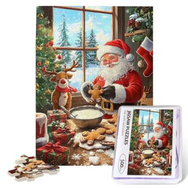 Imagem de 500 Piece Wooden Christmas Jigsaw Puzzle for Adults - Cozy Winter Scene with Santa Making Gingerbread & Reindeer by His Side, Heartwarming for Families & Festive Lovers