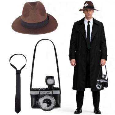 Imagem de Yewong 4 Pieces Vintage Paparazzi Costume Accessories Set Hat Camera Necktie and Press Card for Old Retro Press Journalist Photographer Cosplay