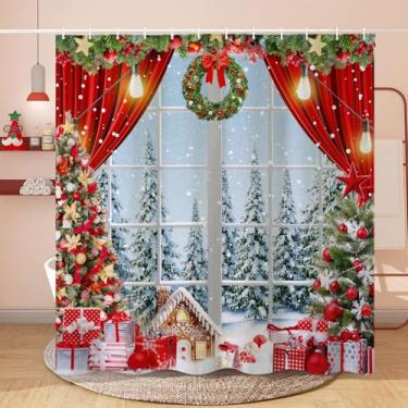 Imagem de CRTPOD Cortina de chuveiro de Natal, cenário de janela vermelha, com glitter, árvore de Natal, Ano Novo, Férias, Pinheiro, Floresta, Banheiro, Decoração, Tecido Impermeável, Conjunto de Cortinas de
