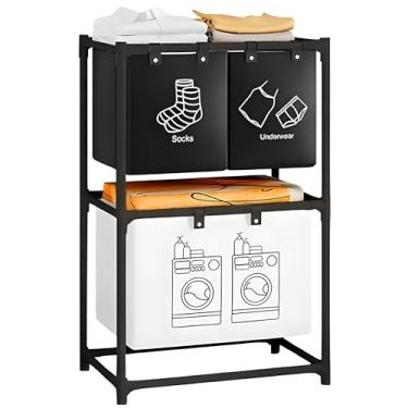 Imagem de Organizador para Lavanderia e Banheiro Estante Cesto de Roupa Suja com 3 Cestos Removív...