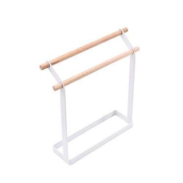 Imagem de Toalheiro duplo para toalheiro para banheiro, hotel, cozinha, suporte de toalha de ferro e madeira maciça, branco