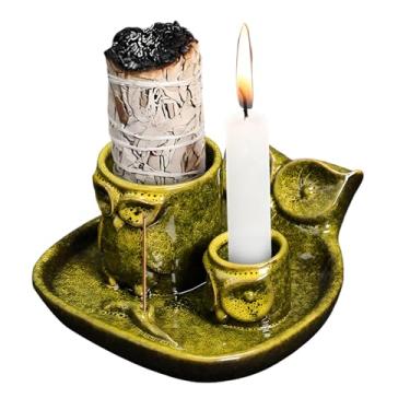 Imagem de Comeon Palo Santo, suporte de vela 4 em 1 de cerâmica para queimador de incenso de coruja de refluxo, suporte de vela para arco ardente (amarelo)