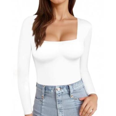 Imagem de Camiseta feminina MANGOPOP, manga comprida, gola quadrada, branca