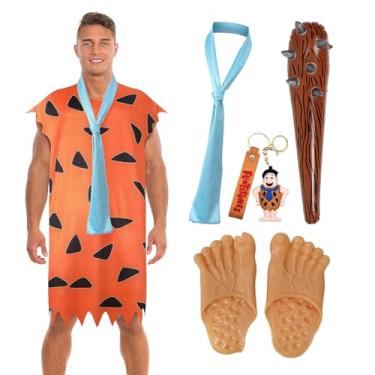 Imagem de Fantasia masculina de homem das cavernas, 5 peças, túnica laranja com gravata, roupa de festa marrom para adultos, fantasia de Halloween (P)
