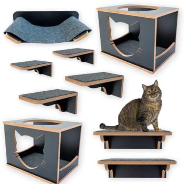 Imagem de Playground Para Gatos 9Pçs Acabamento Premium Resistente Já Montado Com Kit Fixação e Carpete Antiderrapante (Preto)