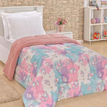 Imagem de Coberdrom Edredom Unicórnio Solteiro Dupla Face Malha Manta Soft Rosa