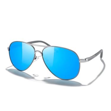 Imagem de Óculos de sol masculino clássico piloto HD de alumínio polarizado óculos de sol para dirigir óculos de sol luxuosos UV400, Armação cinza e prateada/lente espelhada azul, Lens Width: 61 Millimeters