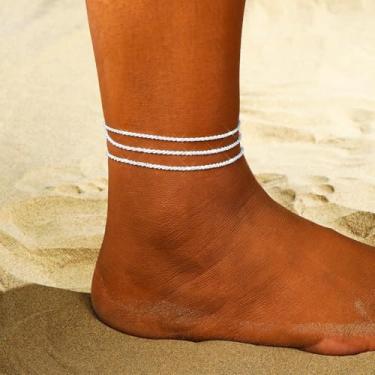 Imagem de Tornozeleiras douradas femininas douradas delicadas em camadas à prova d'água com glitter para mulheres ajustáveis verão praia tornozeleira joias para presentes femininos, One Size, Latão, Sem Pedra