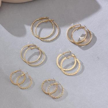 Imagem de Conjunto de 6 pares de brincos de argola banhados a ouro 14K, brincos de argola de aço inoxidável, joias femininas de ouro/prata para presente, normal size, Ferro Aço inoxidável Metal, Sem pedra