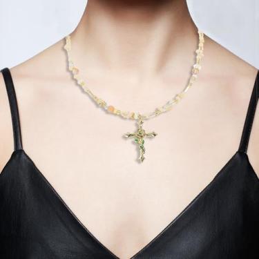 Imagem de Colar feminino com contas marrons e pingente de cruz - Gargantilha grossa, Medium, Ferro Zinco Vidro, Sem Pedra Preciosa