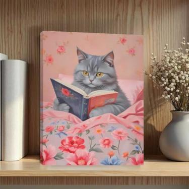 Imagem de Pôster moderno de gato laranja bonito minimalista flores rosa arte de parede emoldurado animal de estimação gato engraçado engraçado está lendo impressões pintura para casa quarto dormitório sala de