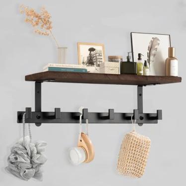 Imagem de Vanloory Cabide montado na parede com prateleira, ganchos de parede resistentes com prateleiras de madeira, ganchos para pendurar roupas, chapéus, bolsa de toalha, prateleiras de entrada com 6 ganchos