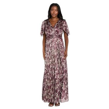 Imagem de R&M Richards Vestido longo estampado metálico feminino - vestido de noite com mangas esvoaçantes, cintura franzida e zíper nas costas, Vinho/ouro, 52