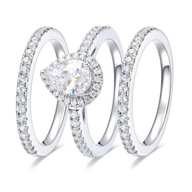 Imagem de MDFUN Conjunto de alianças de casamento ovais três em um anel de noivado banhado a ouro branco 18K zircônia cúbica promessa eternidade para mulheres tamanho 5-10, Latão, Zircônia cúbica