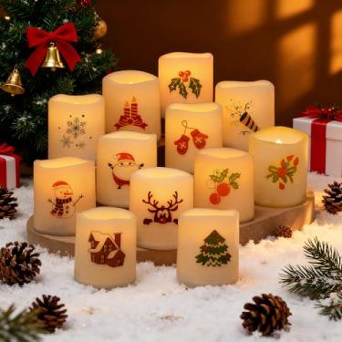 Imagem de CANDLE CHOICE Velas votivas de Natal sem chamas operadas por bateria pequenas votivas elétricas realistas de LED com adesivos temáticos de Natal para decorações de festa de Natal, pacote com 12 pilhas