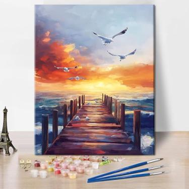 Imagem de Kit de pintura por números para adultos iniciantes - paisagem do pôr do sol do cais com gaivotas voando sobre a água, kits de pintura para adultos faça você mesmo para decoração de parede de casa