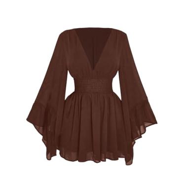 Imagem de GORGLITTER Vestido feminino plus size renascentista malha sino manga longa decote V profundo vestidos camponeses medievais, Marrom, 3X-Large Plus