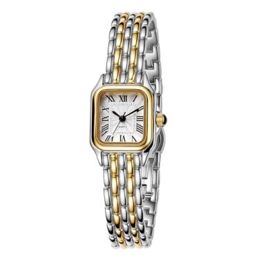 Imagem de BESTKANG Relógio feminino vintage, quadrado, clássico, luxuoso, com mostrador de algarismos romanos, dourado, prata, dois tons, pulseira de aço inoxidável, vestido elegante, relógio de pulso feminino