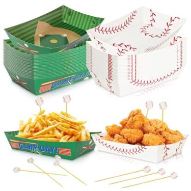 Imagem de 98 peças de artigos de festa de beisebol, barcos de comida de papel descartáveis com palhetas de coquetel, pratos de papel de beisebol, bandeja de lanche, barcos de cachorro-quente para decorações de