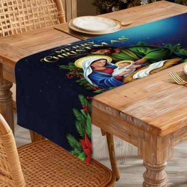 Imagem de Caminho de mesa de Natal 33 x 91 cm - Decoração de mesa de jantar de cozinha de inverno para decoração de casa, presépio de feliz Natal impresso com pinheiros e flores para decoração de férias de