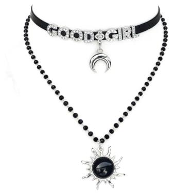 Imagem de FAYERXL Gargantilha gargantilha de couro gótico lua crescente, colar gargantilha preta lua sol estrela, nome letra Halloween joia de Natal presente para mulheres, Adjustable, Couro Metal, Sem Pedra