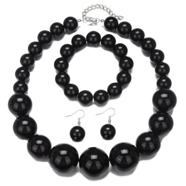 Imagem de Pingyongchang Conjunto de brincos de colar de pérola grossa para mulheres e homens, feito à mão, multicamadas, strass, gargantilhas de pérolas simuladas, casamento, melhor amiga, mãe, Large, Acrílico