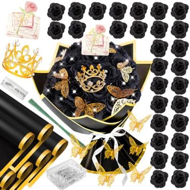 Imagem de 28 buquê de rosas pretas com purpurina, buquê de flores artificiais com alfinetes Diomand, kit de buquê de flores falsas DIY - arranjo de flores brilhantes para o dia dos namorados, aniversário,