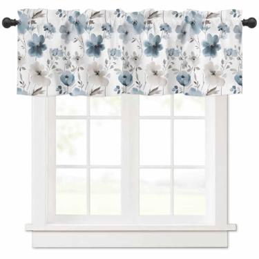 Imagem de Cortina de sanefa de tratamento de janela, cortina curta de sombra de flores azuis marrons para cozinha, banheiro, sala de estar, quarto, privacidade, varão com bolso drapeado 137 cm L x 45,7 cm C 1