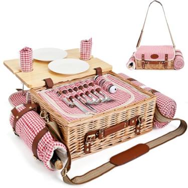 Imagem de Conjunto de cesta de piquenique multifuncional de vime para 2 com cobertor e mesa de piquenique, conjunto de piquenique isolado com utensílios de mesa completos para acampar ao ar livre, casais