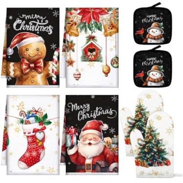 Imagem de Bencailor Conjunto de 8 peças de suportes de panela de cozinha de Natal e luvas de forno de pão de gengibre, Papai Noel, toalhas de prato, boneco de neve, luvas de forno resistentes ao calor para