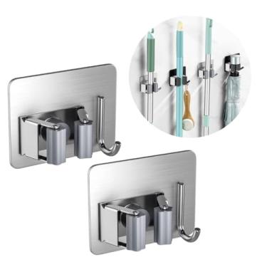 Imagem de Kit com 2 Suportes de Parede em Aço Inox para Vassouras e Rodos, Autoadesivo, 8,5 x 6,5 x 4 cm, Organizador de Utensílios com Gancho Sem Furos