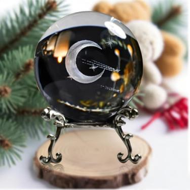 Imagem de Enfeite de bola de cristal lua e meteoro transparente 3D gravado a laser tema celestial exibição de esfera de vidro com suporte