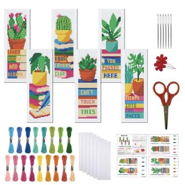 Imagem de FREEBLOSS Conjunto de 6 marcadores de página de ponto cruz de 11 quilates em vasos de plantas estampadas, kit de marcadores de página DIY bordado com instruções para adultos iniciantes presente para