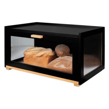 Imagem de MinBoo Caixa de pão para balcão de cozinha, recipiente grande de armazenamento de pão de bambu com porta transparente Arcylic, caixa de pão de fazenda de madeira de bambu, preta