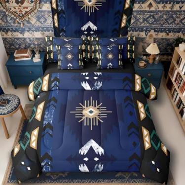 Imagem de Conjunto de edredom Queen Western Bed in a Bag, 7 peças, decoração boho, asteca, étnico, tribal, geometria exótica, conjunto de edredom e lençol, decoração de quarto de triângulo de diamante do