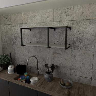 Imagem de Prateleira Industrial Suspensa Estante Parede Nicho Cinza Ferro E Madeira Suporte Pratileira