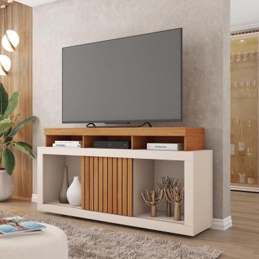 Imagem de Rack Tv 55 Pol 136cm Bancada Com Rodízio Sala Lyara Freijó-off White C01 - D'rossi