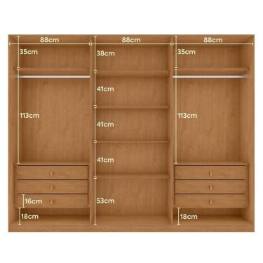 Imagem de Guarda-roupas Ollie 276cm 3 Portas 6 Gavetas 6 Prateleiras Sem Espelho Com Pés 2gav3 - Lopas Amendoa Clean