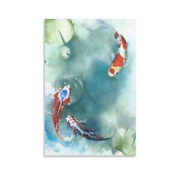 Imagem de Impressão de pôster em tela de peixe koi japonês com lírios para decoração de parede de casa 16 x 24 polegadas (40 x 60 cm)