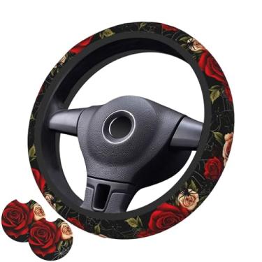 Imagem de Teia de aranha com capa de volante rosa vermelha com 2 porta-copos de carro antiderrapante neoprene para mulheres e homens, conjunto universal de 38 cm, elegante e prático