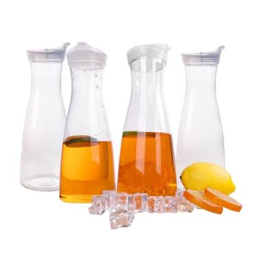 Imagem de WELKOR Pacote com 4 jarra de água de plástico de 1000 ml com tampa dobrável, recipientes de suco de base redonda para Mimosa Bar – Jarra de bebida à prova de vazamento sem BPA para armazenamento de