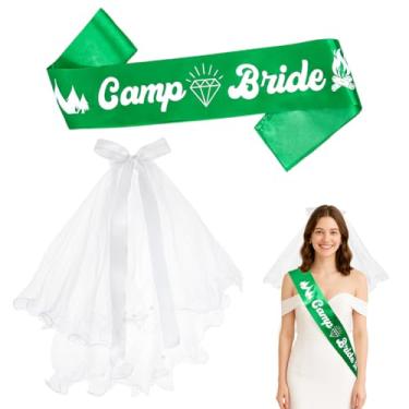 Imagem de NBEADS Camp Bride Sash Camping Decorações de despedida de solteira, 1 faixa de festa de noiva e 1 peça de véu de noiva de malha de poliéster para chá de panela, noivado e casamento