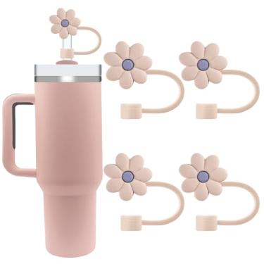 Imagem de Capas de palha de silicone para copos Stanley 20/30/1,134.0 g - 10 mm/0,4 pol. Design de flores tampas à prova de poeira - Protetor reutilizável para canudos de 9-10 mm (4 peças, marrom)